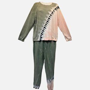 EUC ZOE + PHOEBE tie dyed green pink soft rayon blend lounge TOP PANTS set L